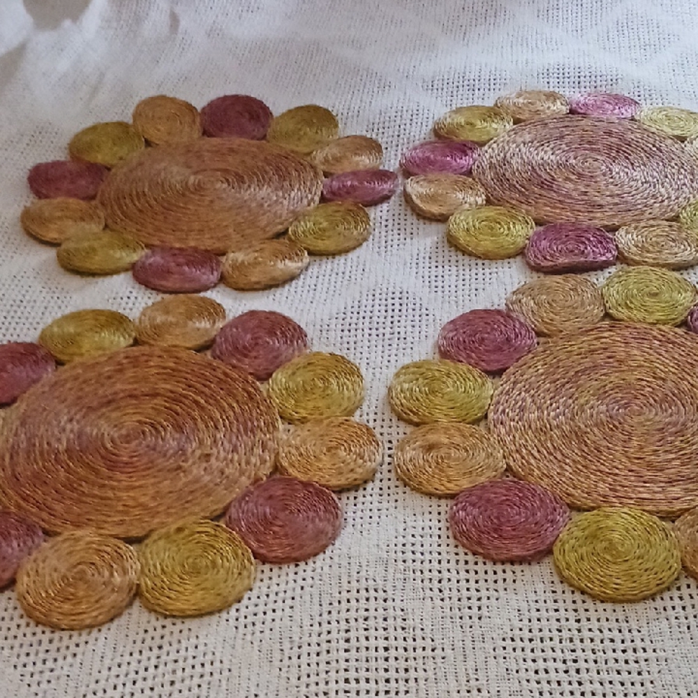 Woven Floral Placemats - Pink and Yellow 4 Vintage MCM Table Mats